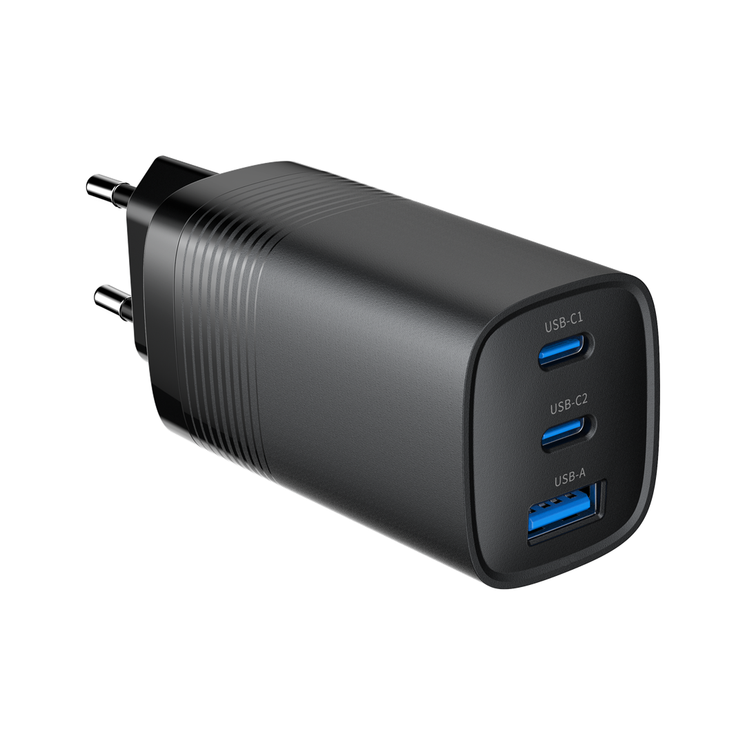 Gembird TA-UC-PDQC65-01-BK 3-Port 65 W GaN USB PowerDelivery Schnellladegerät, Schwarz (TA-UC-PDQC65-01-BK) von Gembird