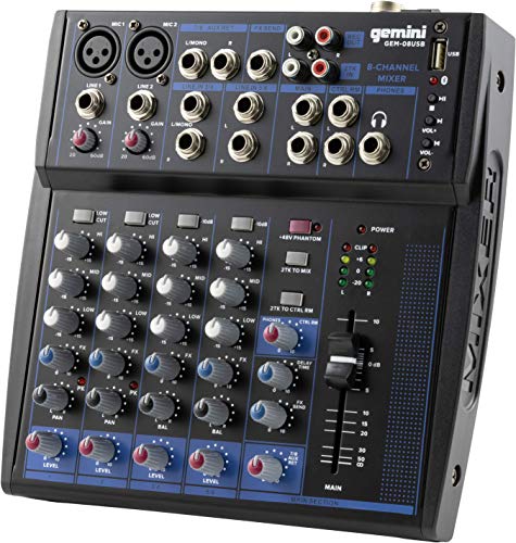 Gemini Sound GEM-08USB - Kompakter 8-Kanal-Analogmischer mit 2 Mic-Kanälen, 3-Band-EQ, USB-Wiedergabe von USB-Geräten und Bluetooth-Streaming von Gemini Sound