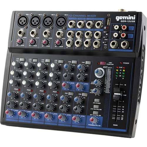 Gemini Sound GEM-12USB - Kompakter 12-Kanal-Analogmischer mit 4 Mic-Kanälen, 3 Band-EQ, USB-Wiedergabe von USB-Stick und Bluetooth-Streaming von Gemini Sound