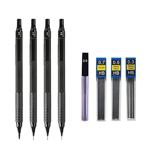 0,3 0,5 0,7 2,0 mm Kunstzeichnung Automatische Bleistifte Niedriger Schwerpunkt Druckfeder Metall Druckbleistift mit Geschenkbox Set (4 schwarz 0,3 0,5 0,7 2,0) von Generic