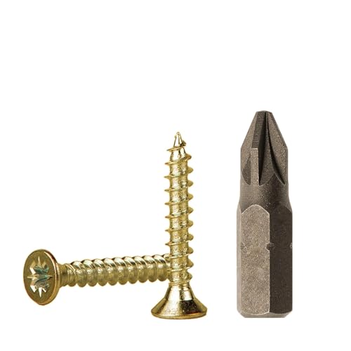 100 Stück gelb verzinkter Stahl 1/8 Zoll x 25/32 Zoll (3,0 x 20 mm) Holzschrauben Spanplattenschrauben Universal Pozi-Drive Schraube PZ Vollgewinde Pozidriv-Senkkopf von Generic