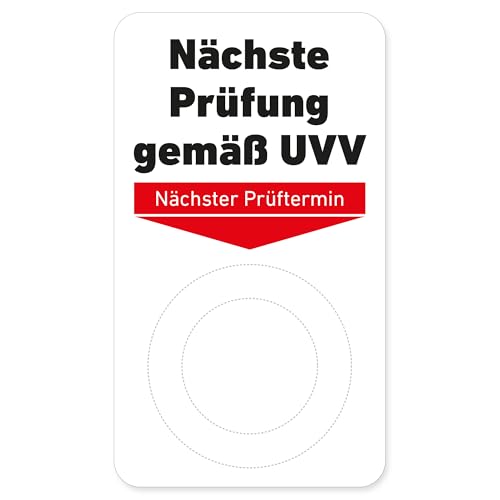 100x Grundplaketten ‚Nächste Prüfung gemäß UVV‘ 70x40 mm, selbstklebend, Vinyl – passend für 20mm & 30mm Prüfplaketten – inkl. 1 gratis Lochzangen (3mm Rundloch & Kerbzange) von Generic
