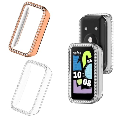 2 Stück Glitzer Diamanten Hülle für Honor Band 10 Schutzhülle, Hart PC Bumper Case Ohne Displayschutzfolie Bling Schutzhülle Cover Smartwatch Zubehör für Frauen Mädchen (Roségold/Klar) von Generic