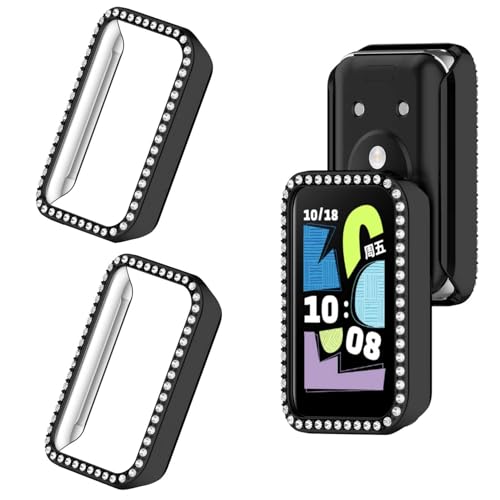 2 Stück Glitzer Diamanten Hülle für Honor Band 10 Schutzhülle, Hart PC Bumper Case Ohne Displayschutzfolie Bling Schutzhülle Cover Smartwatch Zubehör für Frauen Mädchen (Schwarz/Schwarz) von Generic