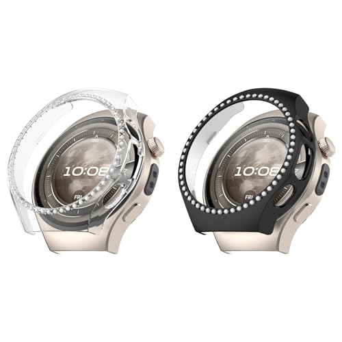 2 Stück Glitzer Diamanten Hülle für Huawei Watch 5 42mm Schutzhülle, Hart PC Bumper Case Ohne Displayschutzfolie Bling Schutzhülle Cover Smartwatch Zubehör für Damen Mädchen (Schwarz/Klar) von Generic