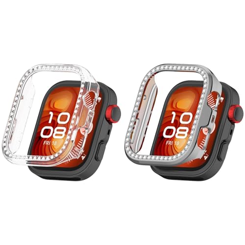 2 Stück Glitzer Diamanten Hülle für Huawei Watch Fit 4 Pro Schutzhülle, Hart PC Bumper Case Ohne Displayschutzfolie Bling Schutzhülle Cover Smartwatch Zubehör für Damen Mädchen (Silber+Klar) von Generic