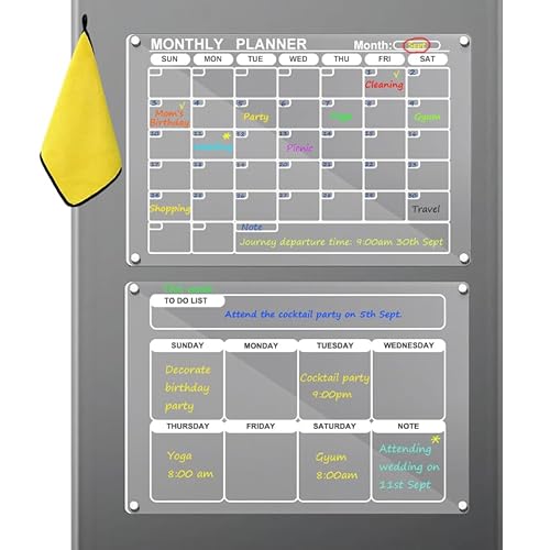 Acrylic Magnetic Calendar for Fridge 2pcs, Magnetic Fridge Calendar 16"x12", Monthly & Weekly Planning Boards, Clear Acrylic Fridge Magnetic Calendar Set with Towel for Home, Office, Classroom von Generic