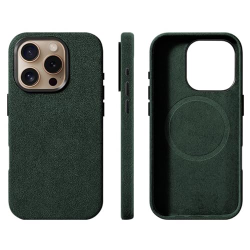 Alcantara Wildleder-Hülle für iPhone 16 Pro Max/16 Pro/16 Plus/16, kompatibel mit MagSafe Echtes italienisches Wildleder, handgefertigt, ultradünn, rutschfest, kratzfest, Grün (Grün, 16 Pro Max) von Generic