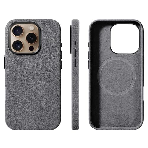 Alcantara Wildleder-Schutzhülle für iPhone 16 Pro Max/16 Pro/16 Plus/16, kompatibel mit MagSafe aus echtem italienischem Wildleder, handgefertigt, ultradünn, rutschfest, kratzfest (Grau, 16 Pro) von Generic