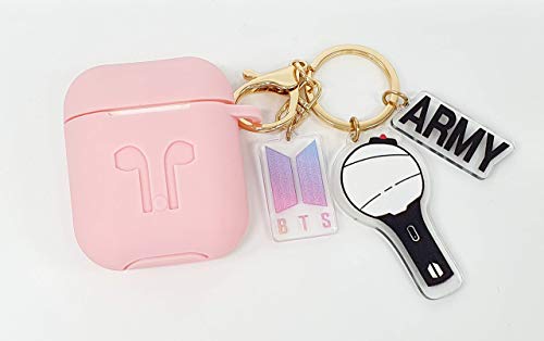 BTS Airpods Schutzhülle mit Kpop Bangtan Boys Army Bomb Schlüsselanhänger, Premium Silikon Cover kompatibel mit Apple Airpods 1/2 BTS-Pink von Generic