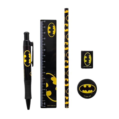 Batman 6-teiliges Schreibwaren-Set (Fledermaus-Symbol-Design) mit Kugelschreiber, Bleistift, Lineal, Bleistiftspitzer und Radiergummi - Offizielles Lizenzprodukt von Generic