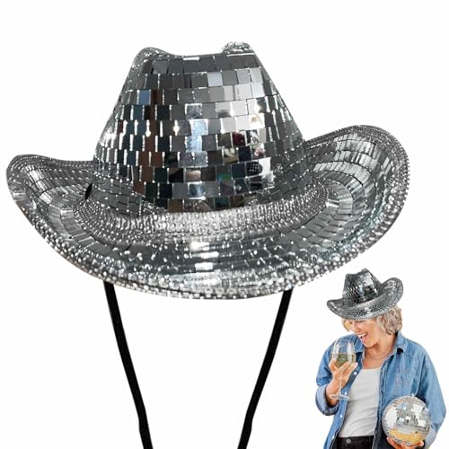 Cowboyhut, Discokugel, Cowboyhut, silberfarbene Spiegelkugel, für Junggesellinnenabschied, Partyhut, mit glitzernden Pailletten für Damen, für Bar, Bühnenclub Cowboyhut, Discokugel, Cowboyhut, silberfarbene Spiegelkugel, für Junggesellinnenabschied, Partyhut, mit glitzernden Pailletten für Damen, für Bar, Bühnenclub von Generic