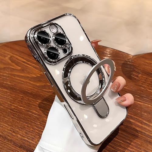 Curranet Plating Bracket Transparent Case for iPhone, Magnetic Transparent Case with Stand Holder for iPhone 13/14/15/16 (Silver,for iPhone 16Pro) von Generic
