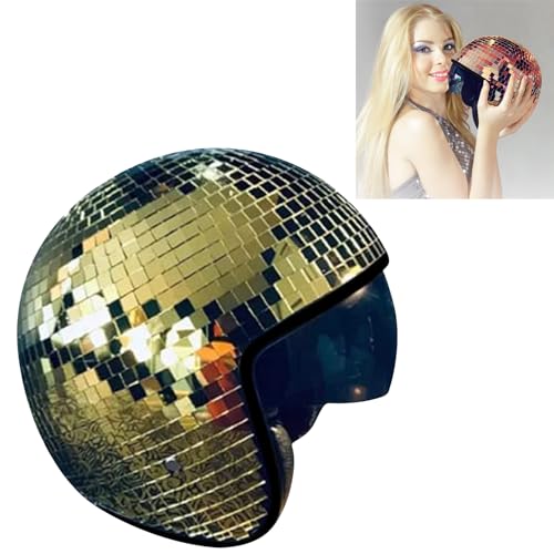 Discokugel Hüte, Disco Dekor Helme Mit Einziehbarem Visier, 2024 New Discokugel-Hüte Disco-Helm, Glitzer Spiegel Glas Discokugel Hut Helm Für Damen Herren Dj Club Bühne Bar Party Hochzeit (Gold) von Generic