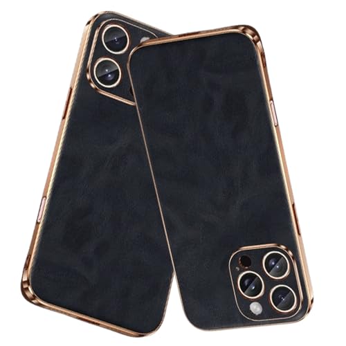 Echtleder-Schutzhülle für iPhone 16 Pro Max/16 Pro/16 Plus/16, Rindsleder, luxuriös, plattierter Goldrand, weicher TPU-Stoßdämpfer, schlank, für Herren und Damen, elegante Business-Abdeckung (Schwarz, Echtleder-Schutzhülle für iPhone 16 Pro Max/16 Pro/16 Plus/16, Rindsleder, luxuriös, plattierter Goldrand, weicher TPU-Stoßdämpfer, schlank, für Herren und Damen, elegante Business-Abdeckung (Schwarz, von Generic