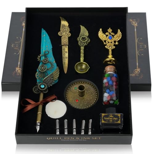 Federkielstift-Set mit Tinte, Wachssiegel und 5 Federn, Vintage-Steampunk-Kalligraphie-Set, für Schriftsteller von Generic