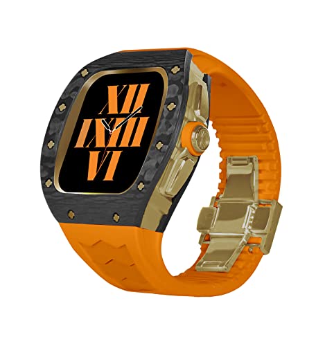 Für Apple Watch Armband 44 mm/45 mm, luxuriöses Karbonfaser-Uhrengehäuse, robustes Herren-Gehäuse und Fluor-Gummi-Armband, kompatibel mit Apple Series iWatch 8, 7, 6, 5, 4 SE, Uhrenlegierung, von Generic