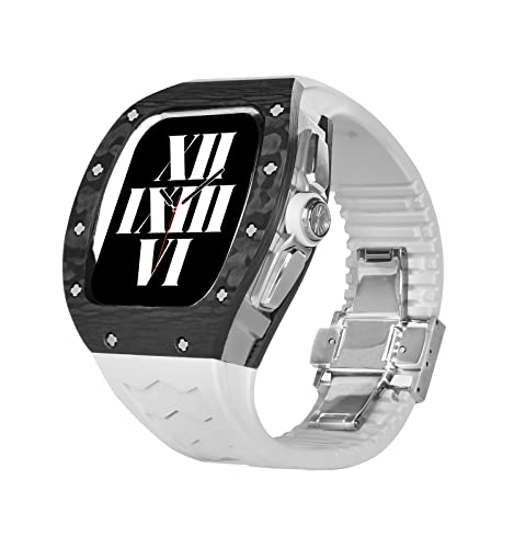 Für Apple Watch Armband 44 mm/45 mm, luxuriöses Karbonfaser-Uhrengehäuse, robustes Herren-Gehäuse und Fluor-Gummi-Armband, kompatibel mit Apple Series iWatch 8, 7, 6, 5, 4 SE, Uhrenlegierung, von Generic