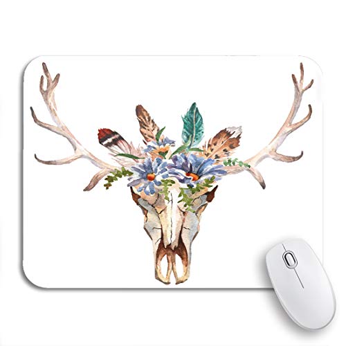 Gaming Mauspad Aquarell Hirschkopf Blumen Und Federn Auf Boho Totenkopf Klein Mousepad wasserdichte Waschbar Office Mauspad, Für Computer, Kabellose Maus, 25 x 30cm von Generic