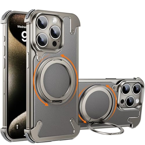 Hülle für iPhone 16 Pro Max/16 Pro, Luxus Leder Backplate & Metallrahmen Case mit 360° drehbarem Ständer, Rahmenloses Gefühl, Leicht, Kompatibel mit MagSafe (Natürliches Titan, 16 Pro) von Generic