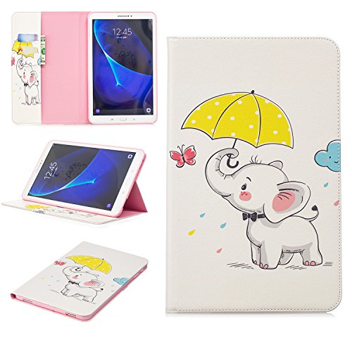 JIan Ying Samsung Galaxy Tab 10.1 (2016) SM-T580 T585 Hülle, PU-Leder Schönen Mustern Wallet Magnetic Schließung Stand Case Flip Tablet Displayschutzfolie Cover Elephant Umbrella von Generic