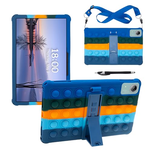 Kinder Retro Muster Universal 12 Zoll Tablet Hülle Kompatibel mit DOOGEE T40 PRO/T20 Ultra, for TECLAST T60 Plus/T60, OUKITEL OT5S, Blackview Mega2, mit Ständer and Schultergurt (Buntes Dunkelblau) von Generic