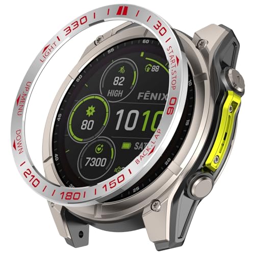 Lünette Ring Kompatibel mit Garmin Fenix 8 51mm Styling Ring Klebend Abdeck Kratzfest Edelstahl Schutz Gehäuse für Garmin Fenix 8 51mm Smartwatch (Silber Rot) von Generic