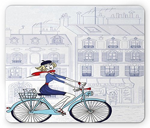Mauspad Pariserin Auf Einem Fahrrad In Paris Mit Einer Katze Im Europäischen Französischen Stil Computer-Mauspad Wasserdichte Vernähte Kanten Schreibtischunterlage, Für Arbeitsstudium, 25x30cm von Generic