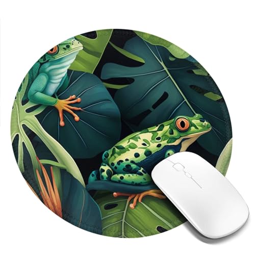 Mauspad Rundes Mousepad rutschfeste Matte für Gaming Laptop Computer (Tropische Frösche Palmblatt Kunst) von Generic