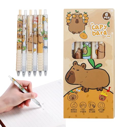 Niedliche Gelschreiber, Cartoon-Gel-Tintenroller | Capybara Schnelltrocknender Schreibwaren-Stift mit feiner Spitze, Set mit 6 einziehbaren Kugelschreibern für die Aufnahme von von Generic