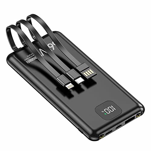 Powerbank 20000 mAh, tragbares Ladegerät mit integrierten Kabeln, USB-C-Powerbank, 3 Ausgänge und 2 Eingänge mit LED-Anzeige, Taschenlampe, Telefonladegerät, Powerbank-Akkupack, Schwarz, 200 von Generic