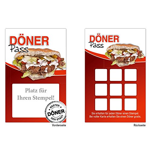 Premium Döner Bonuskarten 250 Stk. mit 10 Stempelfeldern. Treuekarten passend für Bereiche wie Gastronomie, Restaurant, Weinhandel, Getränkehandel, Freizeit, Feier, Geschenk, Gaststätte Bäckerei von Generic