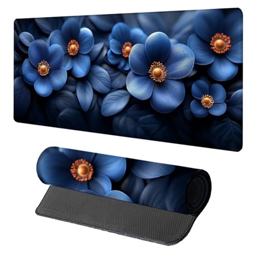 Schreibtischunterlage Blume, Gaming Mauspad XXL 1600x800x3mm, Mauspad Groß mit Vernähten Kanten, Mousepad Gaming Zubehör, Desk Mat Rutschfester Gummibasis, Mousepad für Büro, PC, Zuhause, Blau E-1065 von Generic