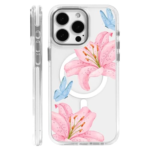Schutzhülle für iPhone 13 Pro Max, rosa Lilien und blaue Schmetterlinge, transparent, kompatibel mit MagSafe, schlanke, stoßfeste, magnetische Handyhülle für Mädchen und Herren, kratzfeste Rückseite Schutzhülle für iPhone 13 Pro Max, rosa Lilien und blaue Schmetterlinge, transparent, kompatibel mit MagSafe, schlanke, stoßfeste, magnetische Handyhülle für Mädchen und Herren, kratzfeste Rückseite von Generic
