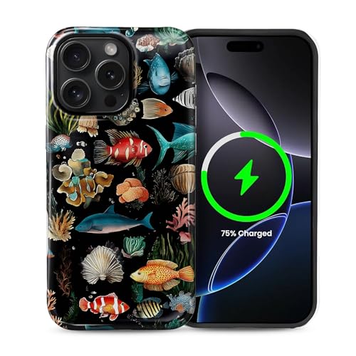Schutzhülle für iPhone 15 Pro Max [kompatibel mit MagSafe], glänzendes, weiches Silikon + hartes Polycarbonat, kratzfest, stoßfest, 2-in-1-Schutzhülle für Damen und Herren, Ozeanfisch-Collage von Generic