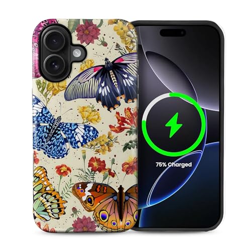 Schutzhülle für iPhone 16 [Kompatibel mit MagSafe], mattes weiches Silikon + hartes PC, kratzfest, stoßfest, Schutzhülle 2-in-1-Schutzhülle für Frauen – Schmetterling Blumen von Generic