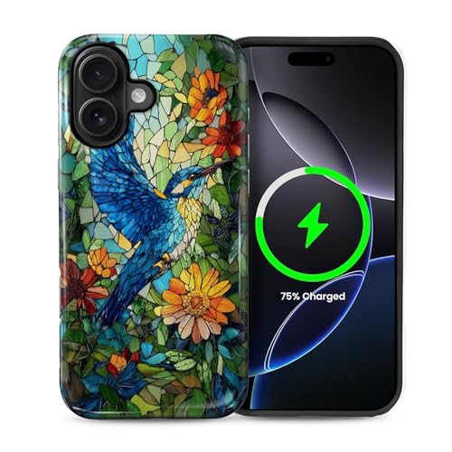 Schutzhülle für iPhone 16 Plus [kompatibel mit MagSafe], glänzendes, weiches Silikon + hartes Polycarbonat, kratzfest, stoßfest, 2-in-1-Schutzhülle für Damen und Herren, Buntglas-Kolibri von Generic