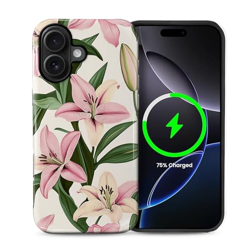 Schutzhülle für iPhone 16 Plus [kompatibel mit MagSafe], glänzendes, weiches Silikon + hartes Polycarbonat, kratzfest, stoßfest, 2-in-1-Schutzhülle für Frauen - Rosa Lilienblume von Generic