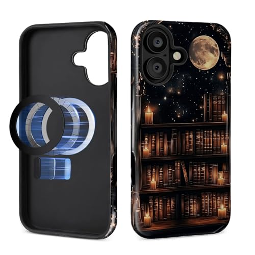 Schutzhülle für iPhone 16 Plus [kompatibel mit MagSafe], glänzendes, weiches Silikon + hartes Polycarbonat, kratzfest, stoßfest, 2-in-1-Schutzhülle für Männer und Frauen, Gothic-Bücherregal, Mond von Generic