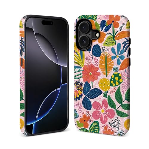 Schutzhülle für iPhone 16 Plus [kompatibel mit MagSafe], mattes weiches Silikon + hartes PC, kratzfest, stoßfest, Schutzhülle 2-in-1-Hülle für Frauen und Mädchen - Rosa lustige tropische Blume von Generic