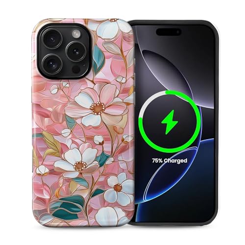 Schutzhülle für iPhone 16 Pro [Kompatibel mit MagSafe], Glänzendes Weiches Silikon + Hartes PC Anti-Kratzer Stoßfest Schutzhülle 2-in-1 Schutzhülle für Frauen - Buntglas Rosa Blumen von Generic