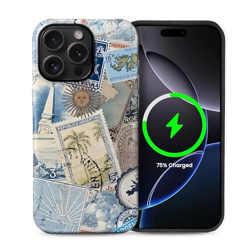Schutzhülle für iPhone 16 Pro [Kompatibel mit MagSafe], mattes weiches Silikon + hartes PC Anti-Kratzer Stoßfest Schutzhülle 2-in-1 Hülle für Frauen Männer - Vintage Stamp Collage von Generic