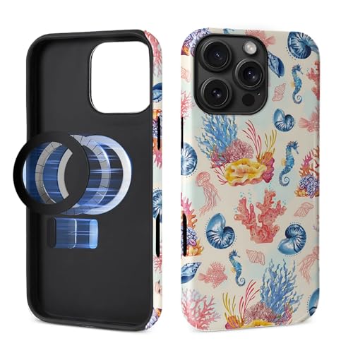 Schutzhülle für iPhone 16 Pro Max [kompatibel mit MagSafe], glänzendes, weiches Silikon + hartes Polycarbonat, kratzfest, stoßfest, 2-in-1-Schutzhülle für Damen und Herren, Aquarell, Ozean, Koralle von Generic