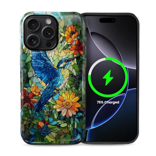 Schutzhülle für iPhone 16 Pro Max [kompatibel mit MagSafe], glänzendes, weiches Silikon + hartes Polycarbonat, kratzfest, stoßfest, 2-in-1-Schutzhülle für Damen und Herren, Buntglas-Kolibri von Generic