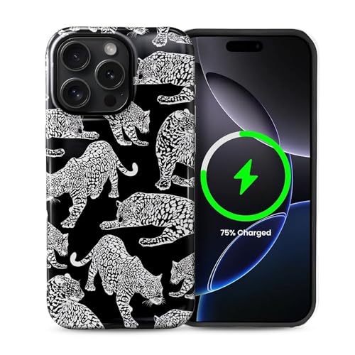 Schutzhülle für iPhone 16 Pro [kompatibel mit MagSafe], glänzendes, weiches Silikon + hartes Polycarbonat, kratzfest, stoßfest, 2-in-1-Schutzhülle für Damen und Herren, schwarzer Leopard von Generic