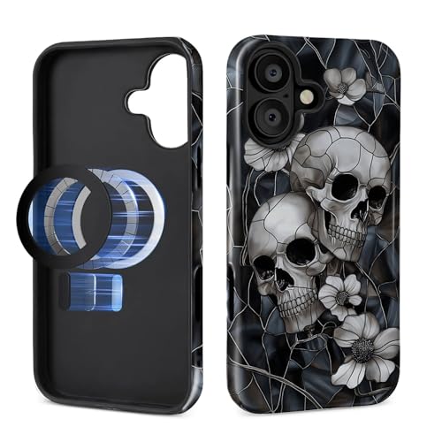 Schutzhülle für iPhone 16 [kompatibel mit MagSafe], glänzendes, weiches Silikon + hartes Polycarbonat, kratzfest, stoßfest, 2-in-1-Schutzhülle für Männer und Frauen - Buntglas-Schädel Gothic von Generic