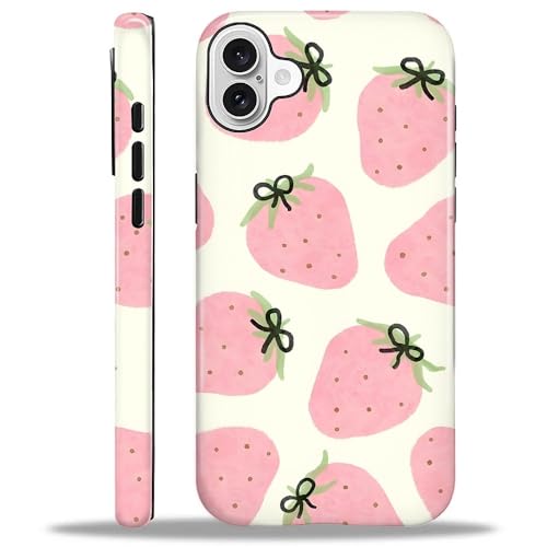 Schutzhülle kompatibel mit iPhone 16, Hybrid-Schutzhülle aus Polycarbonat, 2-lagig, Silikon-Schutzhülle, rosa Erdbeeren mit schwarzen Schleifen, kratzfeste, stoßfeste Schutzhülle für iPhone 16 Schutzhülle kompatibel mit iPhone 16, Hybrid-Schutzhülle aus Polycarbonat, 2-lagig, Silikon-Schutzhülle, rosa Erdbeeren mit schwarzen Schleifen, kratzfeste, stoßfeste Schutzhülle für iPhone 16 von Generic