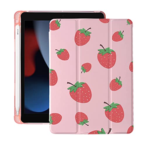 Süße Frucht Erdbeere für iPad Pro 12,9 Zoll Hülle 5th/6th Generation 2022/2021/2020 mit Stifthalter, Auto Sleep/Wake, Rosa Leder Weiche TPU Rückseite Cover von Generic