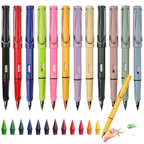 Swify Zauberbleistift, 12 Stück Ewiger Bleistift mit 24 Austauschbaren Spitzen, Tintenloser Bleistift mit Radiergummi, Klares und Flüssiges Schreiben (12 Farben-A+12 replacement heads) von Generic