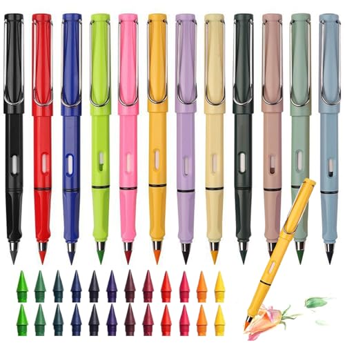Swify Zauberbleistift, 12 Stück Ewiger Bleistift mit 24 Austauschbaren Spitzen, Tintenloser Bleistift mit Radiergummi, Klares und Flüssiges Schreiben (12 Farben-A+24replacement heads) von Generic